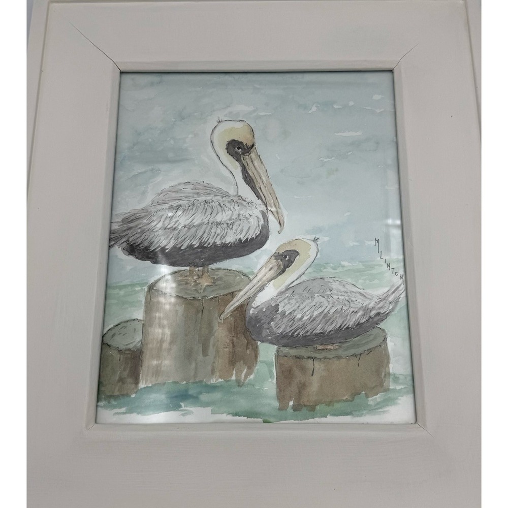 Watercolor Art Pelican‎ Framed Signed 15x13 Original Artist Beach Cottage Decor